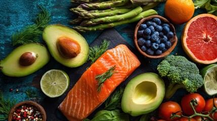 Fresh salmon with vibrant fruits and vegetables on a rustic wooden table