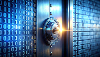 Digital Fortress: A close-up shot of a massive bank vault door, embedded within a wall of binary code, is radiating a strong sense of security and data protection.