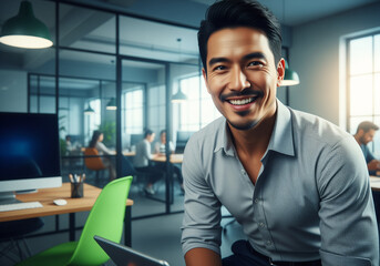 Fototapeta premium Portrait of smiling asian business man modern office interior startup employee pride and motivation concept