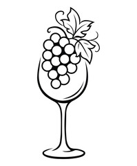 Elegant monochrome sketch of a wine glass filled with a bunch of fresh grapes and leaves, a symbolic icon for wine tasting and viticulture