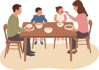 Parents Feeding Their Two Young Children at the Dining Table, Illustrating Family Bonding, Parenthood, Daily Life, Healthy Eating, and Warm Domestic Moments, Flat Vector.