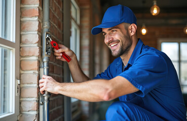 Man in blue uniform fixes pipe with wrench. Smiling handyman works on building water system inside modern apartment. Pro plumber performs maintenance job on apartment pipeline.