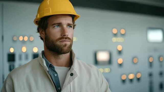 male renewable energy specialist supervising battery storage installation glowing indicators soft beeps clean power management cinematic color correction, gentle backlight, clean negative space,