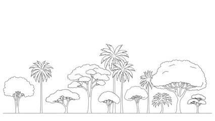 Diverse collection of outlined trees representing various natural landscapes and botanical elements, perfect for design projects and environmental themes