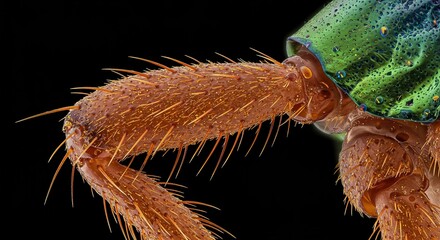 Detailed macro photograph capturing the complex, segmented structure of an arthropod limb, highlighting joints, hairs, and microscopic textural elements ,microscope ,wildlife ,macro