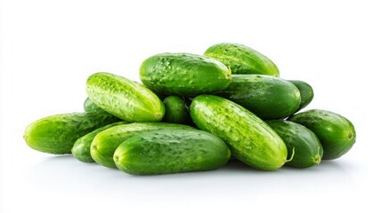 Stack of green cucumbers on white background. Dewy texture highlights freshness. Bright, simple composition emphasizes natural appeal. Neural network AI generated