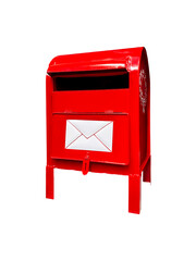 A brightly red, glossy metal mailbox featuring a white envelope design, typically used for sending letters to Santa. Isolated on a white background for Christmas and holiday mailing concepts