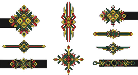 Decorative Geometric Ornament Set with Red, Green, and Gold Elements