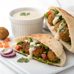Delicious falafel pita pockets drizzled with tahini sauce for a tasty lunch treat