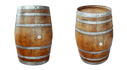A horizontal set of two wooden barrels with metal hoops, showing slightly different sizes or angles. Perfectly isolated on a white background for wine, whiskey, or beverage storage concepts