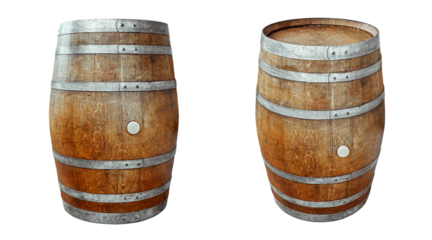 A horizontal set of two wooden barrels with metal hoops, showing slightly different sizes or angles. Perfectly isolated on a white background for wine, whiskey, or beverage storage concepts