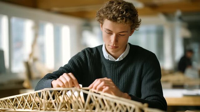male student testing 3D printed bridge strength with weights muted creaks hands-on engineering design thinking cinematic color correction, gentle backlight, clean negative space, high quality