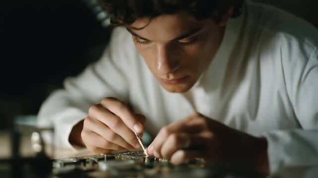 male student soldering circuit board under magnifier light muted buzz hands-on STEM learning engineering creativity cinematic color correction, gentle backlight, clean negative space, high quality