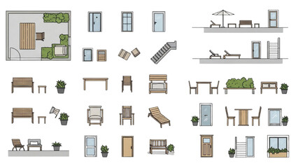 Architectural Elements and Outdoor Furniture Top View Layouts and Designs