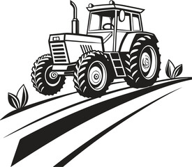 Agricultural tractor driving through plowed field underlined agriculture concept isolated on transparent background