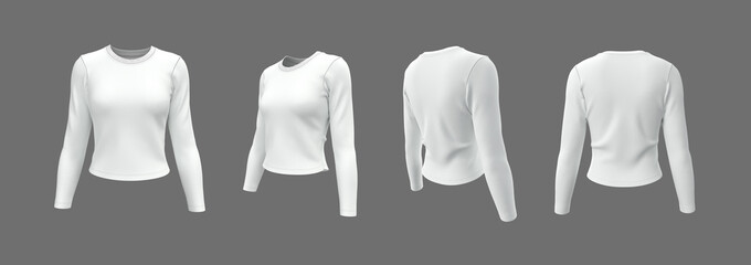 Realistic 3D mockup of women’s slim fit long sleeve crewneck t-shirt. Front, side, and back view clothing design template. 3d illustration, 3d rendering