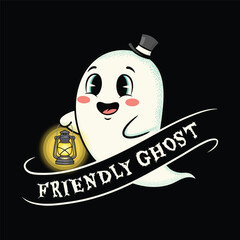 Cute Friendly Ghost with Lantern and Top Hat – Halloween Cartoon Character Illustration