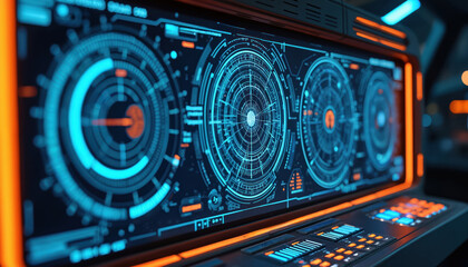 Futuristic heads up display shows complex data graphs and charts. Digital interface with glowing neon blue lines on dark screen. Advanced tech dashboard.