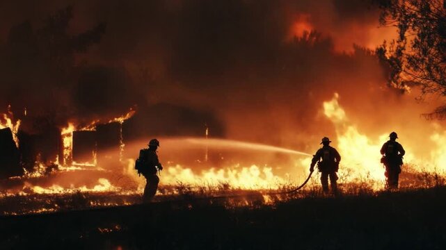 Firefighters Battle Blaze: Courageous firefighters fearlessly combat an inferno, their silhouettes etched against the raging flames and smoke.