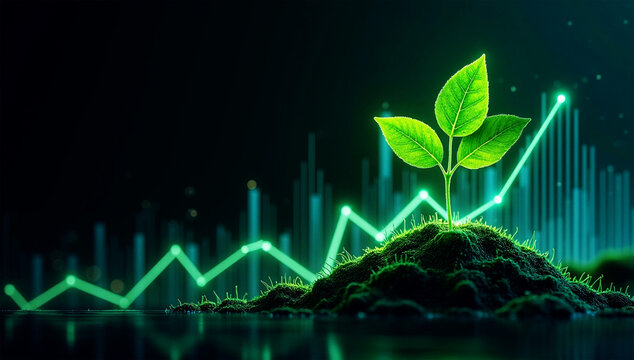 Green plant growing from soil with upward trending financial graph