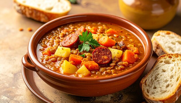 plato de lentejas tradicional servido en un cuenco de cer&aacute;mica r&uacute;stica, acompa&ntilde;ado de su guarnici&oacute;n: chorizo, zanahorias, patatas y trozos de pan crujiente a un lado.
