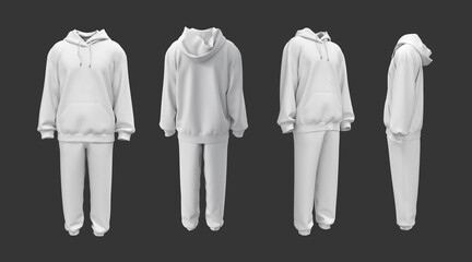 Oversized men’s hoodie and sweatpants set mockup. Unisex streetwear tracksuit, front and back view. 3d illustration, 3d rendering © Febriana