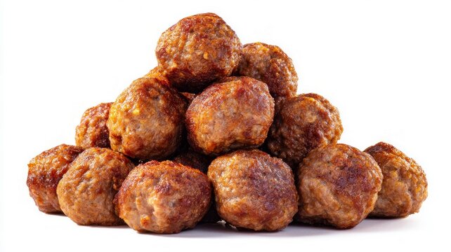 Pyramid-shaped arrangement of savory meatballs on clean white surface. Warm lighting highlights texture and color variations. Evokes sense of culinary delight. Neural network AI generated