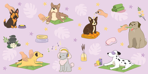 Cute dogs enjoying relaxing spa and grooming treatments in a playful cartoon vector illustration with towels, candles, and massage scenes — perfect for pet care, wellness, and veterinary themed design