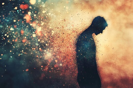 Silhouette of person merging with universe