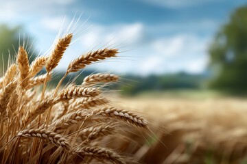 Fototapeta premium Golden autumn harvest field with ripe wheat swaying gently under soft sunlight, creating a serene and picturesque rural landscape with natural beauty
