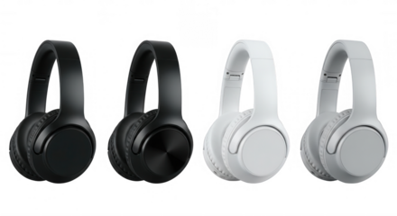 Black and white headphones display isolated on a transparent background