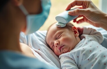 Mother holds sleeping baby undergoing auditory brainstem response screening. Doctor in mask checks infant hearing with modern tech. Newborn health check up in hospital ward.