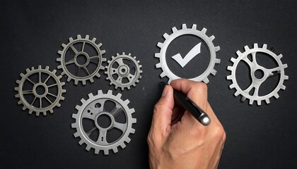 Hand draws on a dark surface with gears, one marked with a check