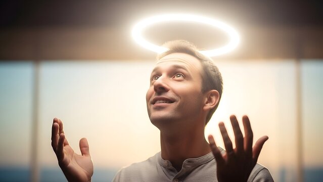 Smiling man looks upward with open hands, illuminated by a halo. Background features a window