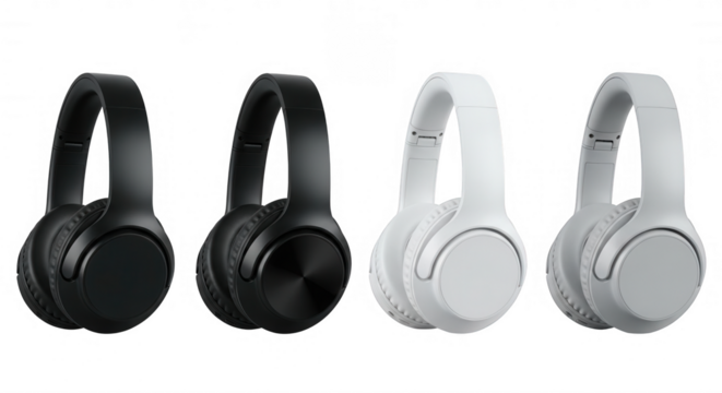 Black and white headphones display isolated on a transparent background - Powered by Adobe