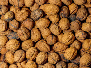 Natural, unpeeled walnuts in shells arranged in a dense composition creating an organic background. The close-up shows rich texture and warm brown tones. Perfect for culinary, health, eco