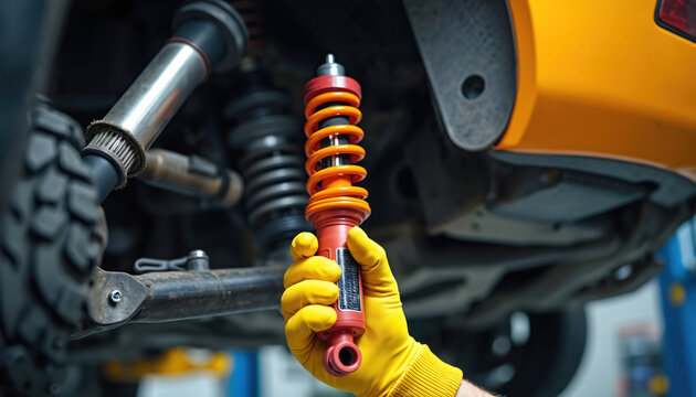 Mechanic installs new orange shock absorber on lifted car chassis. Glove hand holds part for auto repair. Vehicle suspension fix at workshop. - Powered by Adobe