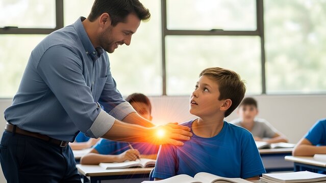 A teacher offers support to a student in a sunlit classroom - Powered by Adobe