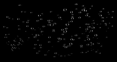 Transparent air bubbles rising in dark water with black background, abstract texture of freshness, purity, and minimal design concept for nature, beverage, and wellness themes.