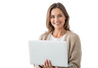 Young woman smiling while holding a laptop in a bright, neutral setting during daytime