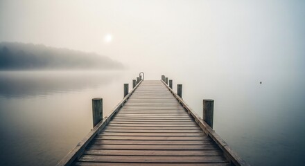 Obraz premium Misty morning wooden pier extending into a serene lake