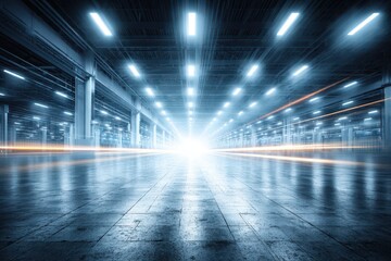 Bright modern industrial space with dynamic light trails and reflections.