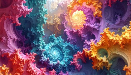 Vivid, swirling fractal formations present a complex, multi-hued landscape featuring detailed, textured surfaces and spiraling patterns in rich, vibrant shades including oranges, pinks, purples,...