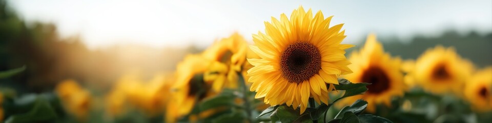 Fototapeta premium Vibrant sunflowers in a sunlit field at dawn capturing natural beauty