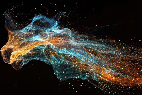 Glowing orange and blue data waves