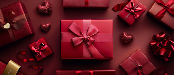 Flat lay top view of red Christmas gifts with matching ribbons and ornaments on red surface. Black Friday monochrome festive composition for New Year campaigns and winter promotions.
