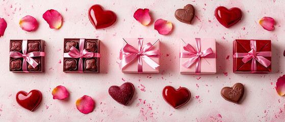 Flat lay composition of shiny red candy hearts on pink background. Vibrant festive backdrop for Christmas or Valentine’s Day designs, packaging, and romantic holiday visuals.