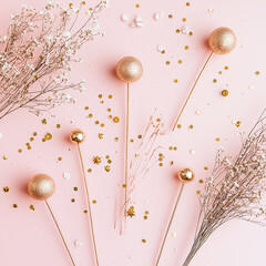 Delicate composition of dried flowers and golden magic wands on pink background. Minimalist Christmas flat lay for New Year greeting cards, branding, and festive decor design.