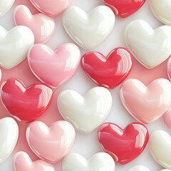 Pink and white glossy hearts arranged in decorative composition. Festive romantic scene for Valentine’s Day, Christmas, or winter holiday visual concepts and design themes.