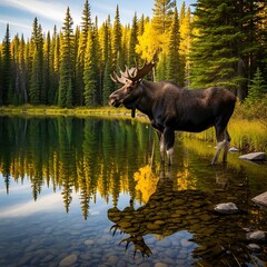 Majestic Moose Standing in Serene Lake with Forest Reflection.